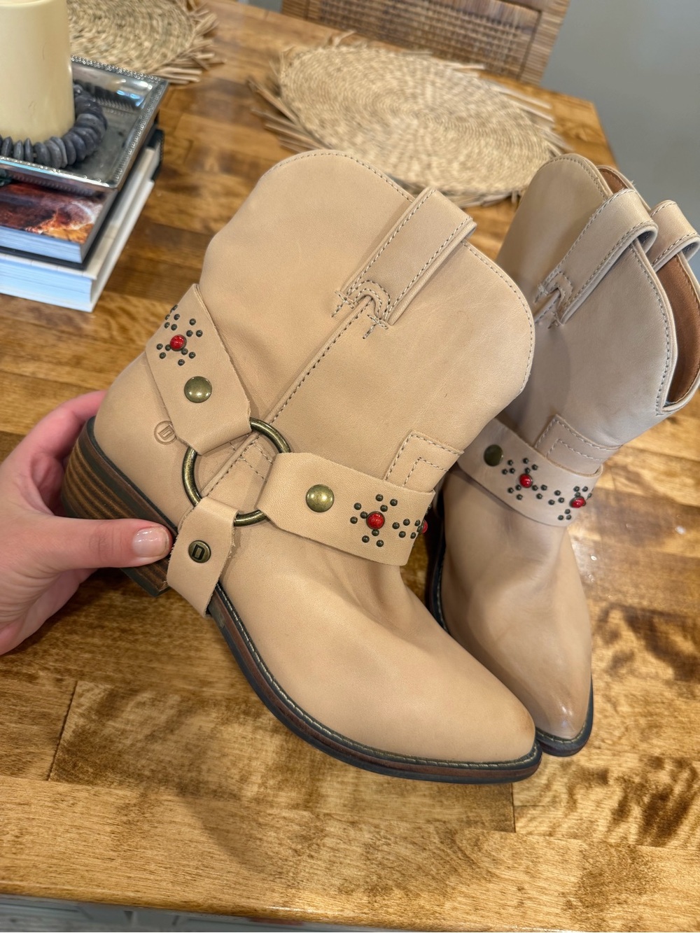 dingo Beige Ankle Booties with Ring Harness and Stud Accents